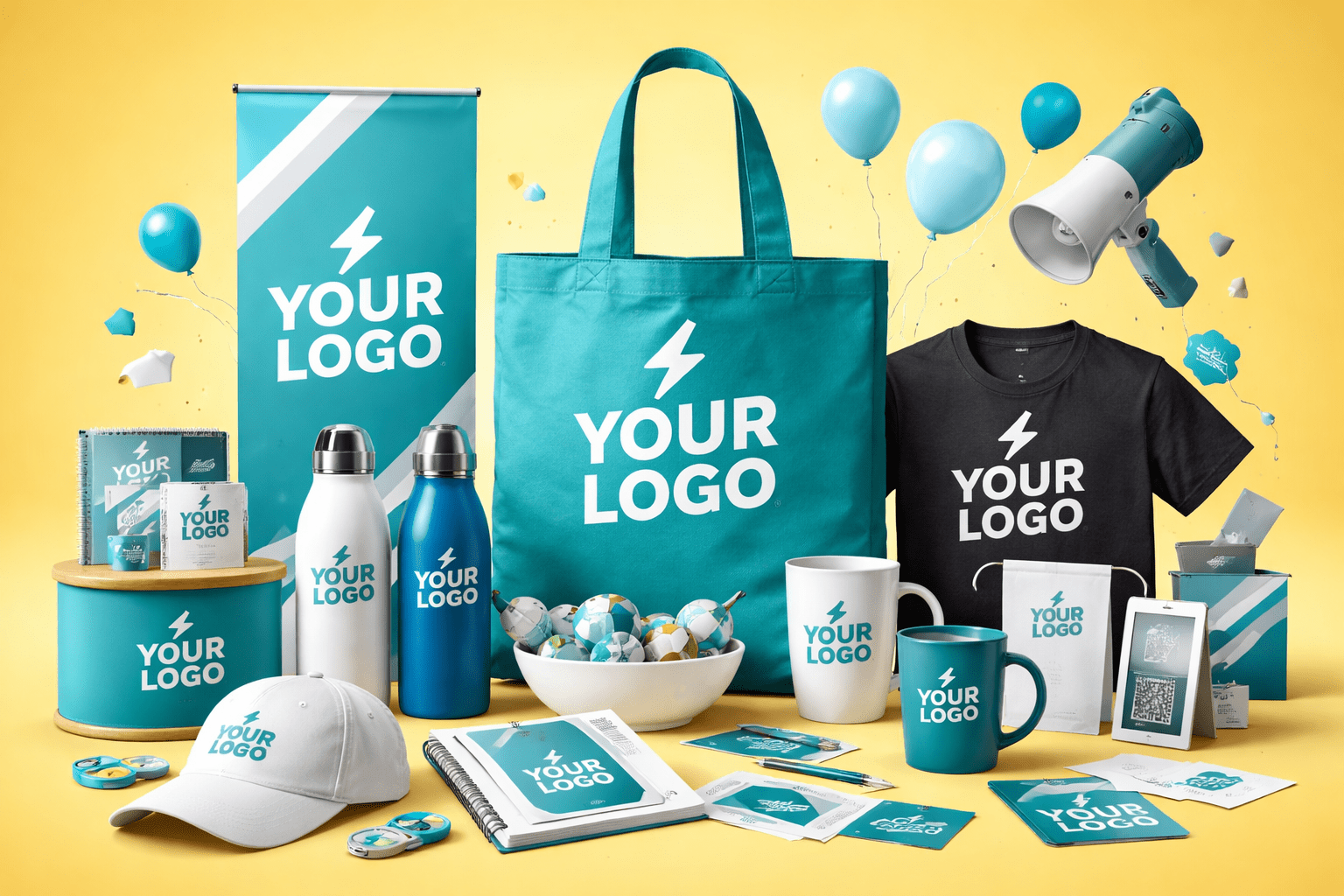 branded merchandise display on yellow backdrop